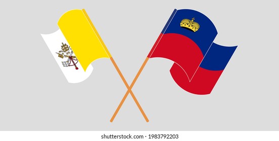 Crossed and waving flags of Vatican and Liechtenstein