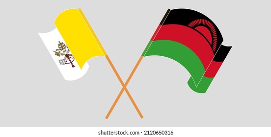 Crossed and waving flags of Vatican and Malawi. Vector illustration
