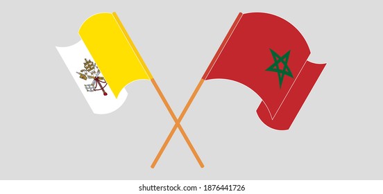 Crossed and waving flags of Vatican and Morocco