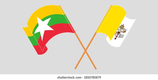Crossed and waving flags of Vatican and Myanmar