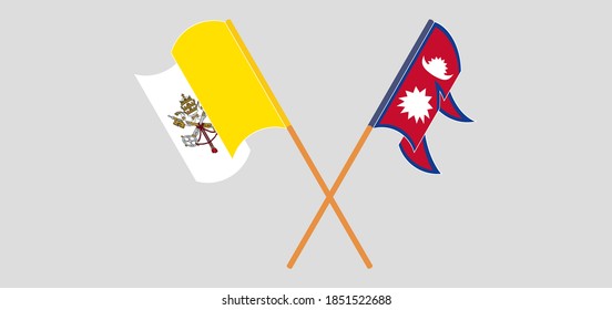 Crossed and waving flags of Vatican and Nepal
