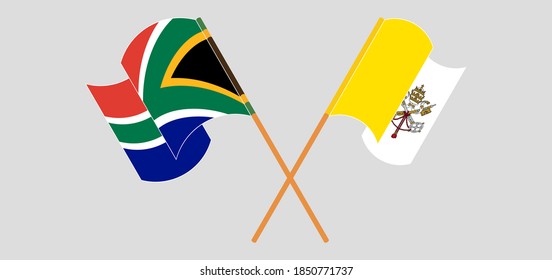 Crossed and waving flags of Vatican and Republic of South Africa