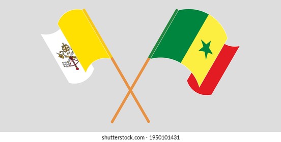 Crossed and waving flags of Vatican and Senegal