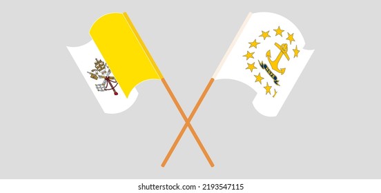 Crossed and waving flags of Vatican and the State of Rhode Island. Vector illustration
