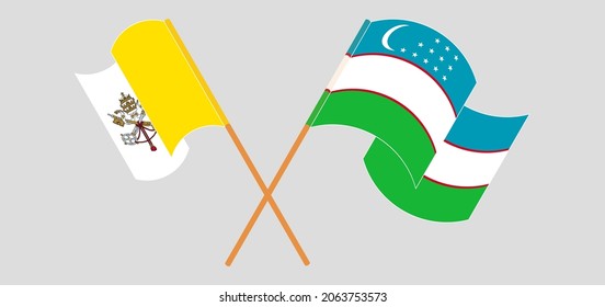 Crossed and waving flags of Vatican and Uzbekistan