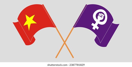 Crossed and waving flags of Vietnam and Feminism. Vector illustration
