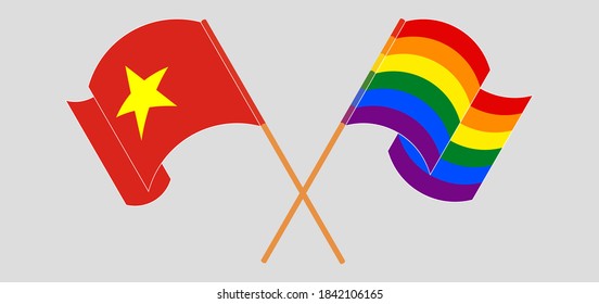 Crossed and waving flags of Vietnam and LGBTQ.
