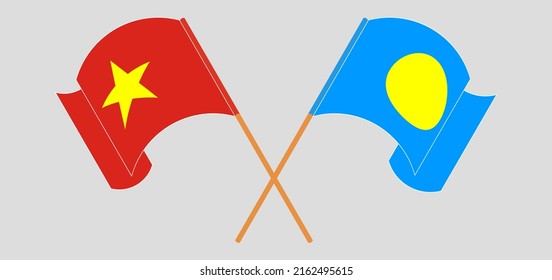 Crossed and waving flags of Vietnam and Palau. Vector illustration
