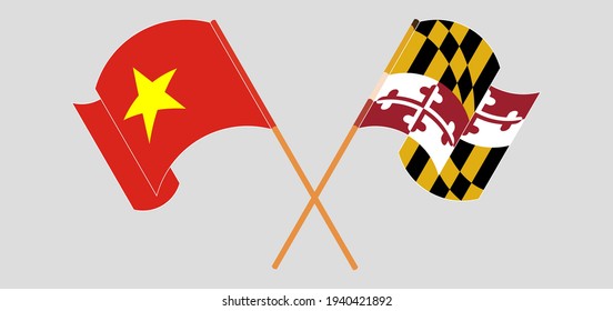 Crossed and waving flags of Vietnam and the State of Maryland