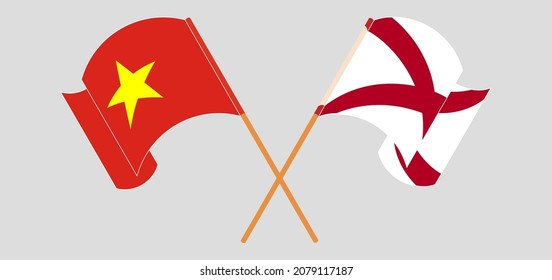 Überquerte und wehende Flaggen von Vietnam und dem Staat Alabama. Vektorgrafik
