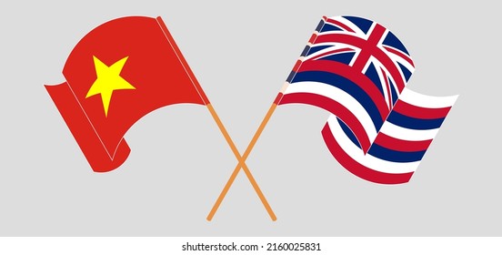 Crossed and waving flags of Vietnam and The State Of Hawaii. Vector illustration
