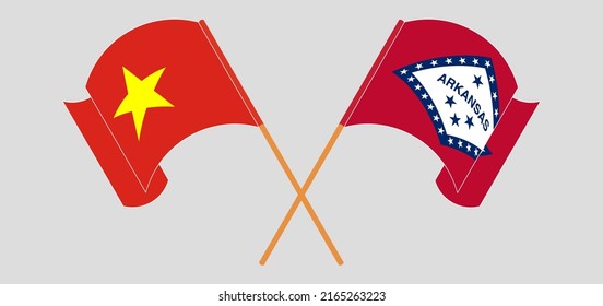 Crossed and waving flags of Vietnam and The State of Arkansas. Vector illustration
