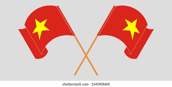 Crossed and waving flags of Vietnam. Vector illustration