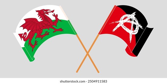 Crossed and waving flags of Wales and Anarchy. Vector illustration
