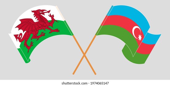 Crossed and waving flags of Wales and Azerbaijan