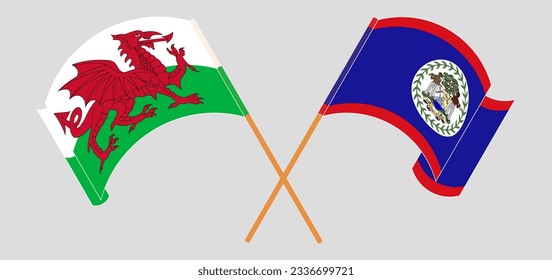 Crossed and waving flags of Wales and Belize. Vector illustration
