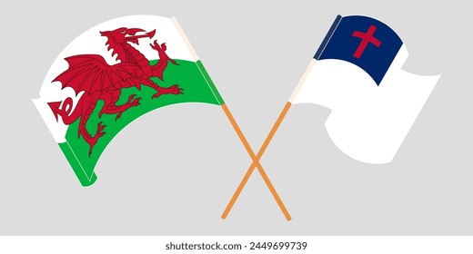 Crossed and waving flags of Wales and christianity. Vector illustratio