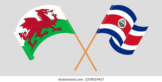 Crossed and waving flags of Wales and Costa Rica. Vector illustration
