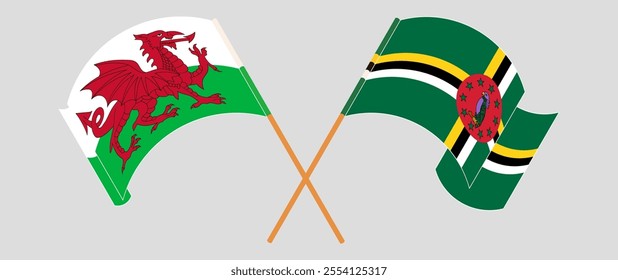 Crossed and waving flags of Wales and Dominica. Vector illustration.
