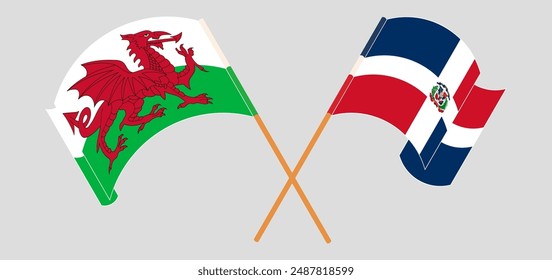 Crossed and waving flags of Wales and Dominican Republic. Vector illustration
