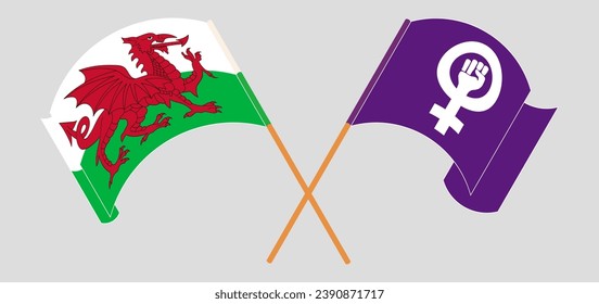 Crossed and waving flags of Wales and Feminism. Vector illustration
