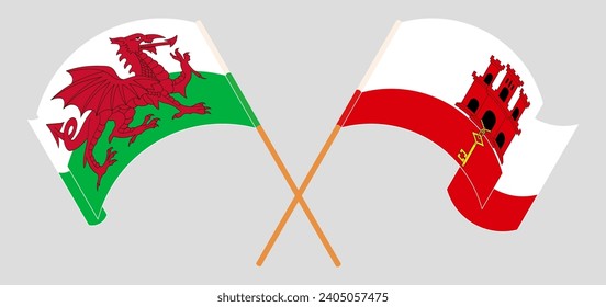 Crossed and waving flags of Wales and Gibraltar. Vector illustration
