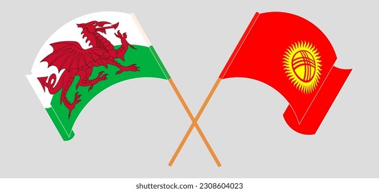 Crossed and waving flags of Wales and Kyrgyzstan. Vector illustration
