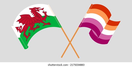 Crossed and waving flags of Wales and Lesbian Pride