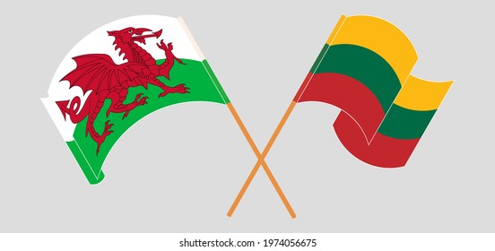 Crossed and waving flags of Wales and Lithuania