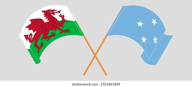 Crossed and waving flags of Wales and Micronesia. Vector illustration
