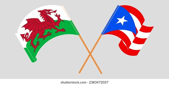 Crossed and waving flags of Wales and Puerto Rico. Vector illustration
