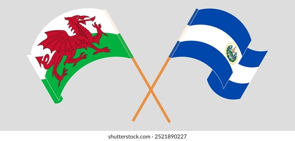 Crossed and waving flags of Wales and Republic of El Salvador. Vector illustration.
