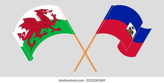 Crossed and waving flags of Wales and Republic of Haiti. Vector illustration.
