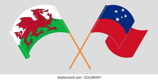 Überquerte und schwellende Flaggen von Wales und Samoa. Vektorgrafik

