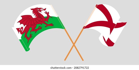 Cruzando y ondeando banderas de Gales y el Estado de Alabama. Ilustración del vector
