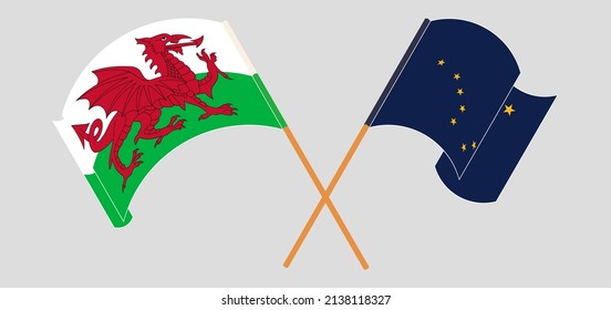 
Crossed and waving flags of Wales and the State of Alaska. Vector illustration
