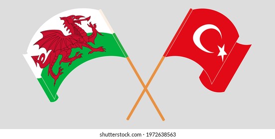 Crossed and waving flags of Wales and Turkey