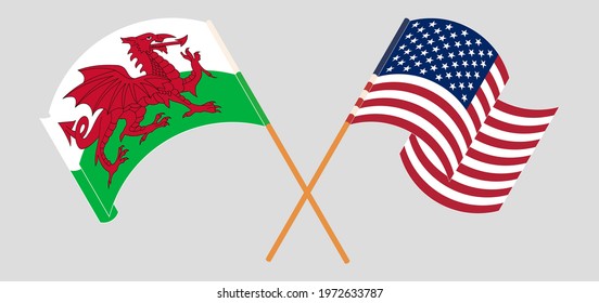 Crossed and waving flags of Wales and the USA