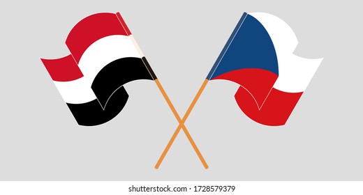 Crossed and waving flags of Yemen and Czech Republic
