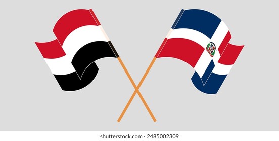 Crossed and waving flags of Yemen and Dominican Republic. Vector illustration
