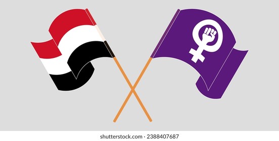 Crossed and waving flags of Yemen and Feminism