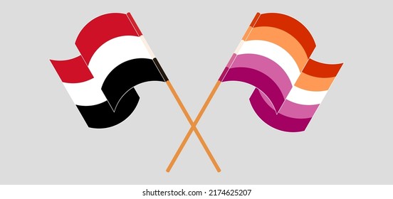 Crossed and waving flags of Yemen and Lesbian Pride. Vector illustration
