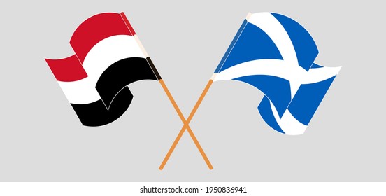 Crossed and waving flags of Yemen and Scotland