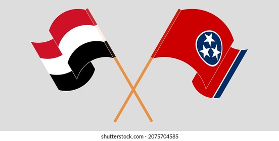 Crossed and waving flags of Yemen and The State of Tennessee. Vector illustration
