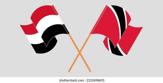 Crossed and waving flags of Yemen and Trinidad and Tobago. Vector illustration
