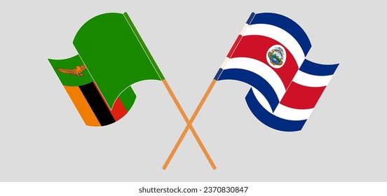 Crossed and waving flags of Zambia and Costa Rica. Vector illustration
