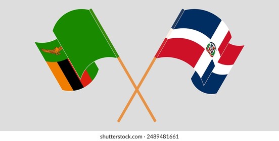 Crossed and waving flags of Zambia and Dominican Republic. Vector illustration
