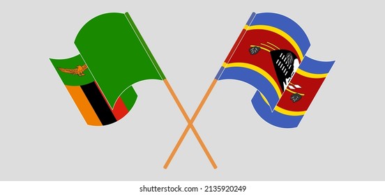 Crossed and waving flags of Zambia and Eswatini. Vector illustration
