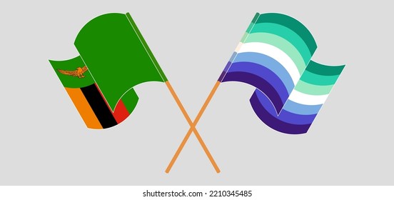 Crossed and waving flags of Zambia and gay men pride. Vector illustration
