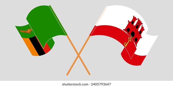 Crossed and waving flags of Zambia and Gibraltar. Vector illustration
